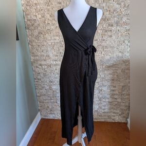 Black Wrap Midi Lightweight Dress Slit Summer Fairy Boho Indie Minimalist Sz M